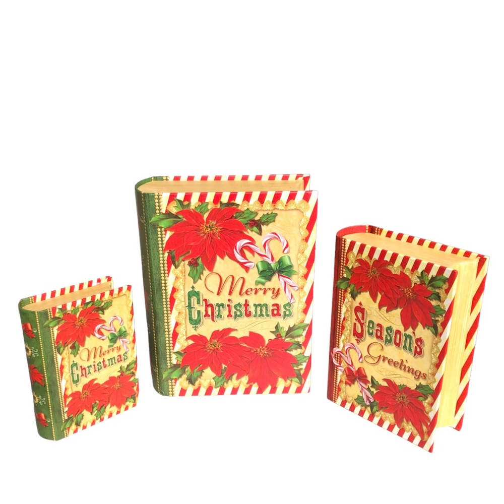 Punch Studio Poinsettia Candy Cane Christmas Trio Book Boxes, Small (62883N) 3ct